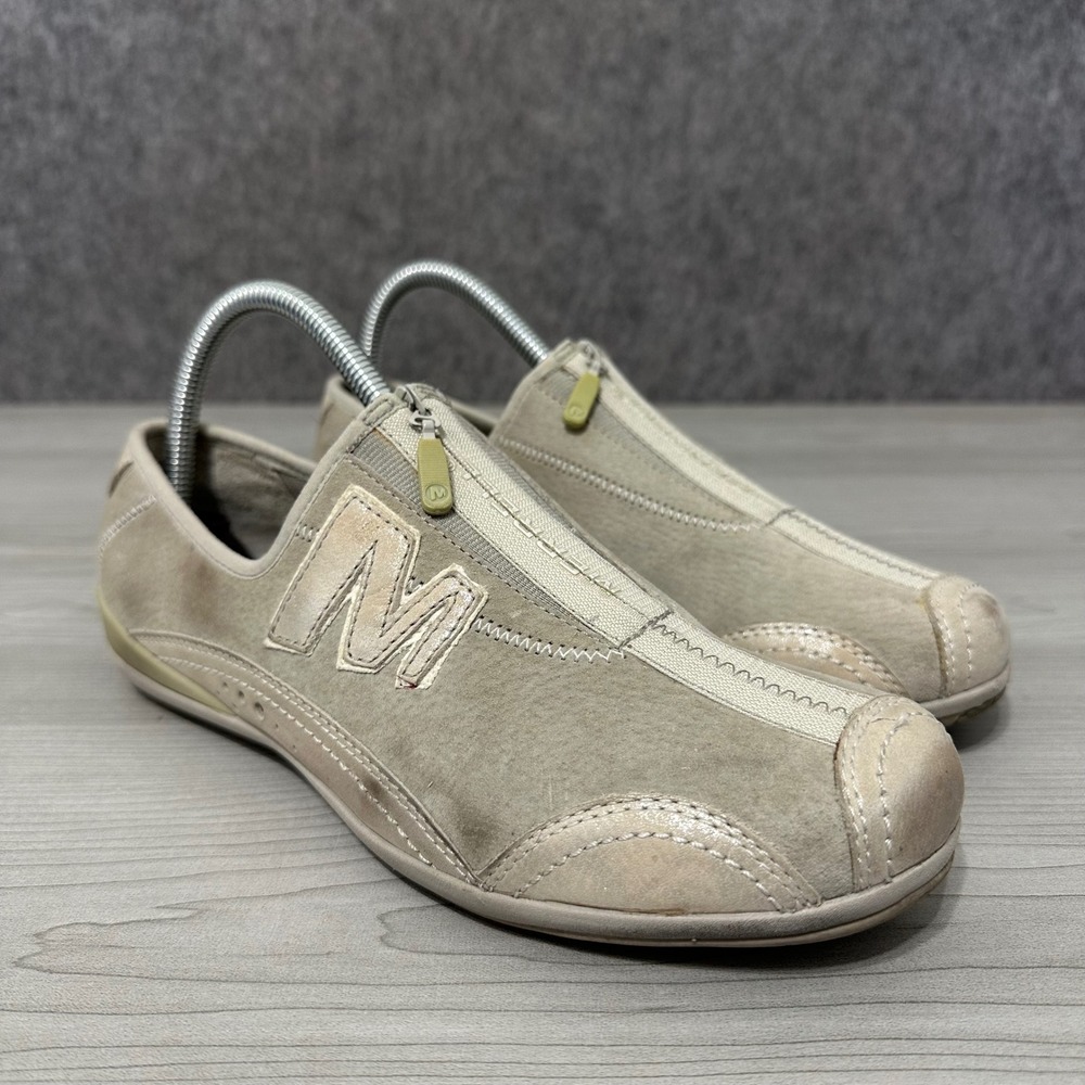 Merrell Barrado Sneakers Womens 8 Beige Taupe Silver Leather Zip Slip On Casual